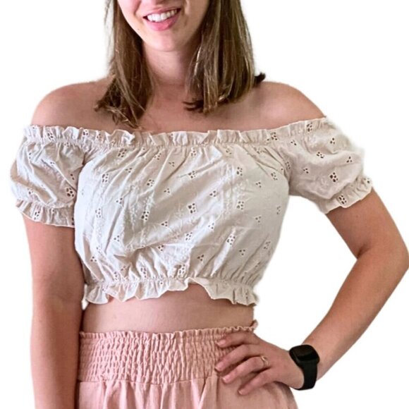 Off White Cream Eyelet Cropped Off Shoulder Top - Picture 5 of 16